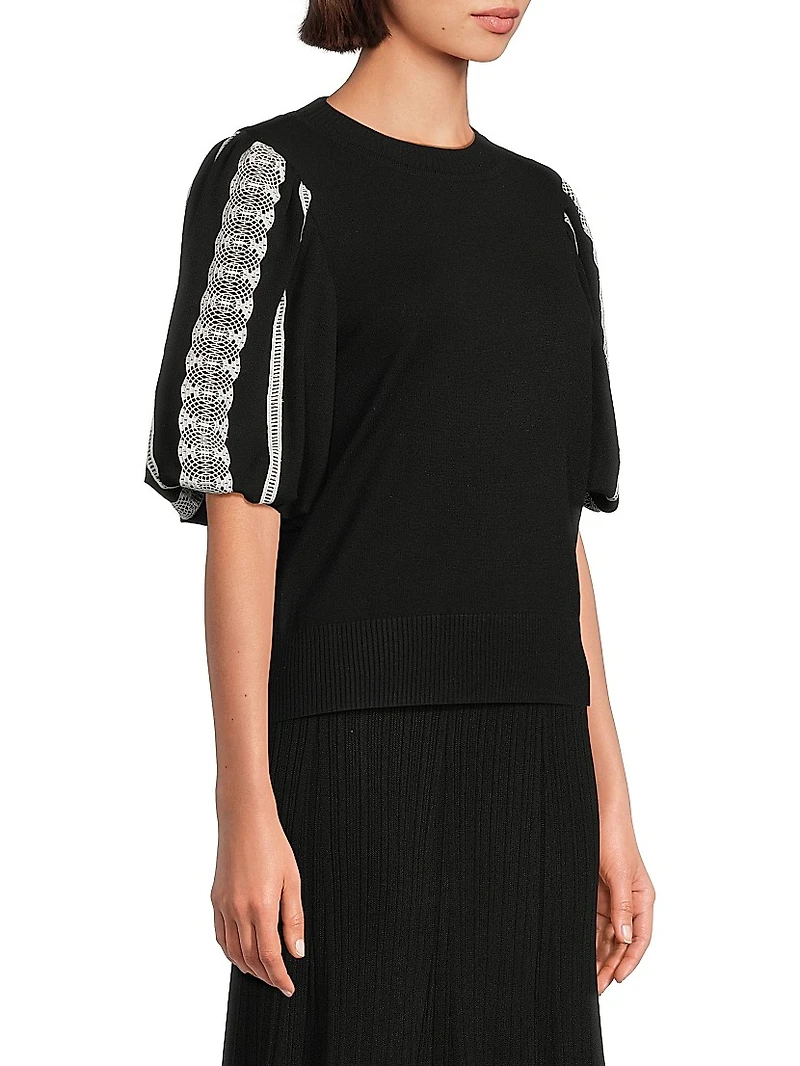 Mixed-Media Lace Puff-Sleeve Top