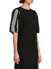 Mixed-Media Lace Puff-Sleeve Top