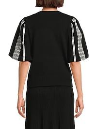 Mixed-Media Lace Puff-Sleeve Top