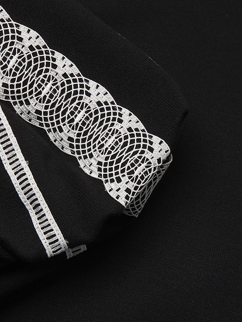 Mixed-Media Lace Puff-Sleeve Top