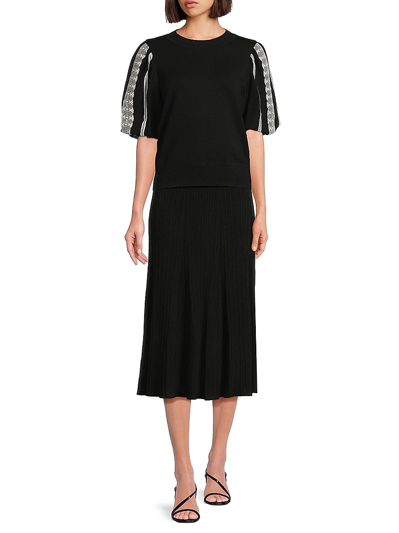 Mixed-Media Lace Puff-Sleeve Top