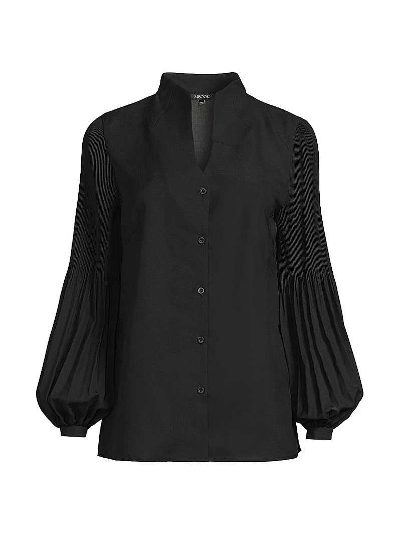 Pleated Stretch-Crêpe Bishop-Sleeve Blouse