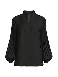 Pleated Stretch-Crêpe Bishop-Sleeve Blouse