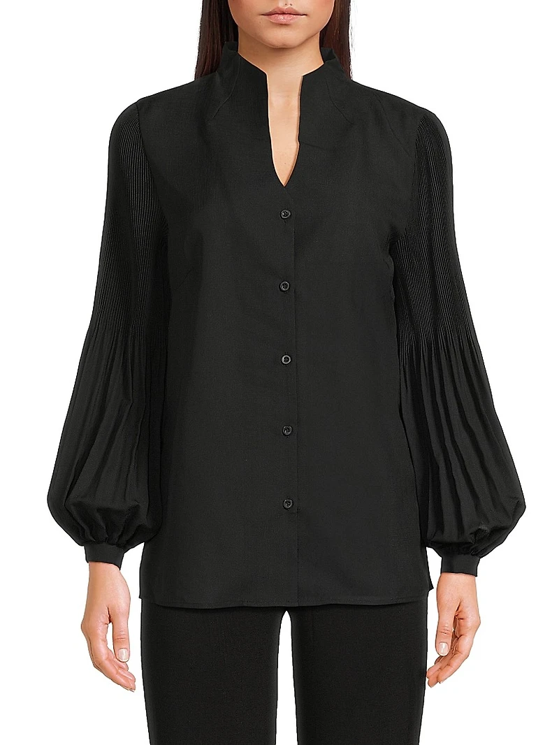 Pleated Stretch-Crêpe Bishop-Sleeve Blouse