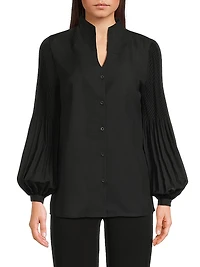 Pleated Stretch-Crêpe Bishop-Sleeve Blouse