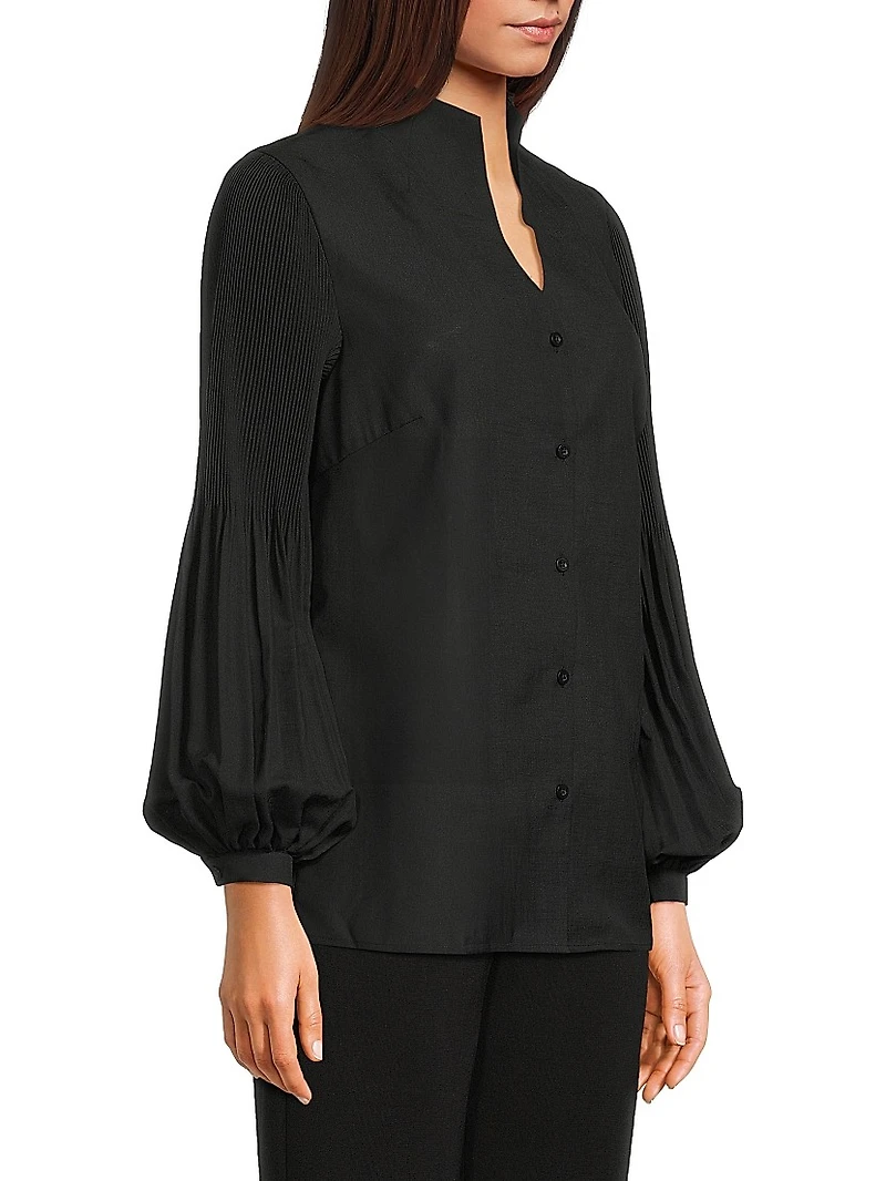 Pleated Stretch-Crêpe Bishop-Sleeve Blouse
