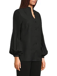 Pleated Stretch-Crêpe Bishop-Sleeve Blouse