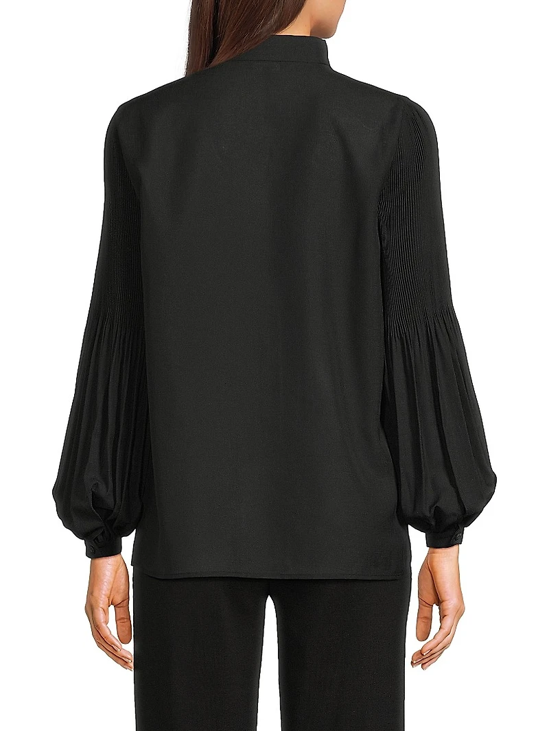 Pleated Stretch-Crêpe Bishop-Sleeve Blouse