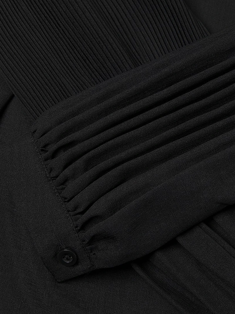 Pleated Stretch-Crêpe Bishop-Sleeve Blouse