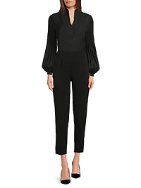 Pleated Stretch-Crêpe Bishop-Sleeve Blouse