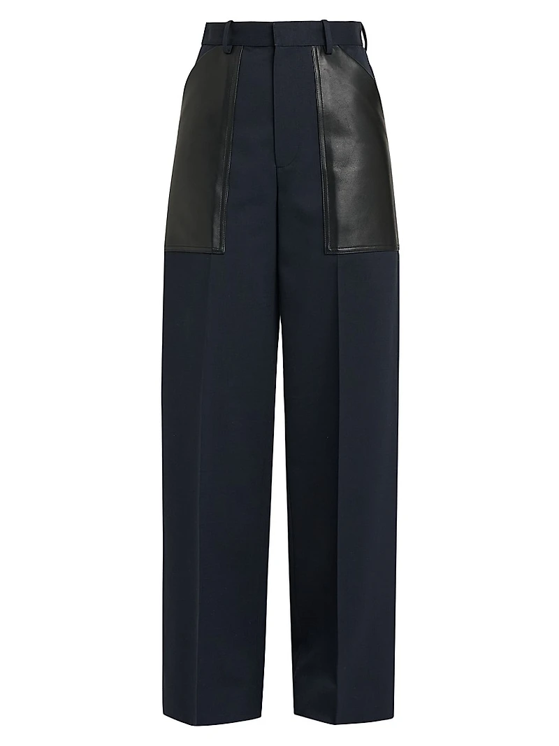 Mixed-Media Cotton & Wool Wide-Leg Trousers