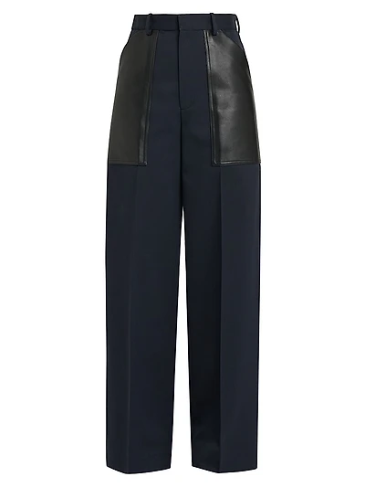 Mixed-Media Cotton & Wool Wide-Leg Trousers