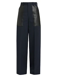 Mixed-Media Cotton & Wool Wide-Leg Trousers
