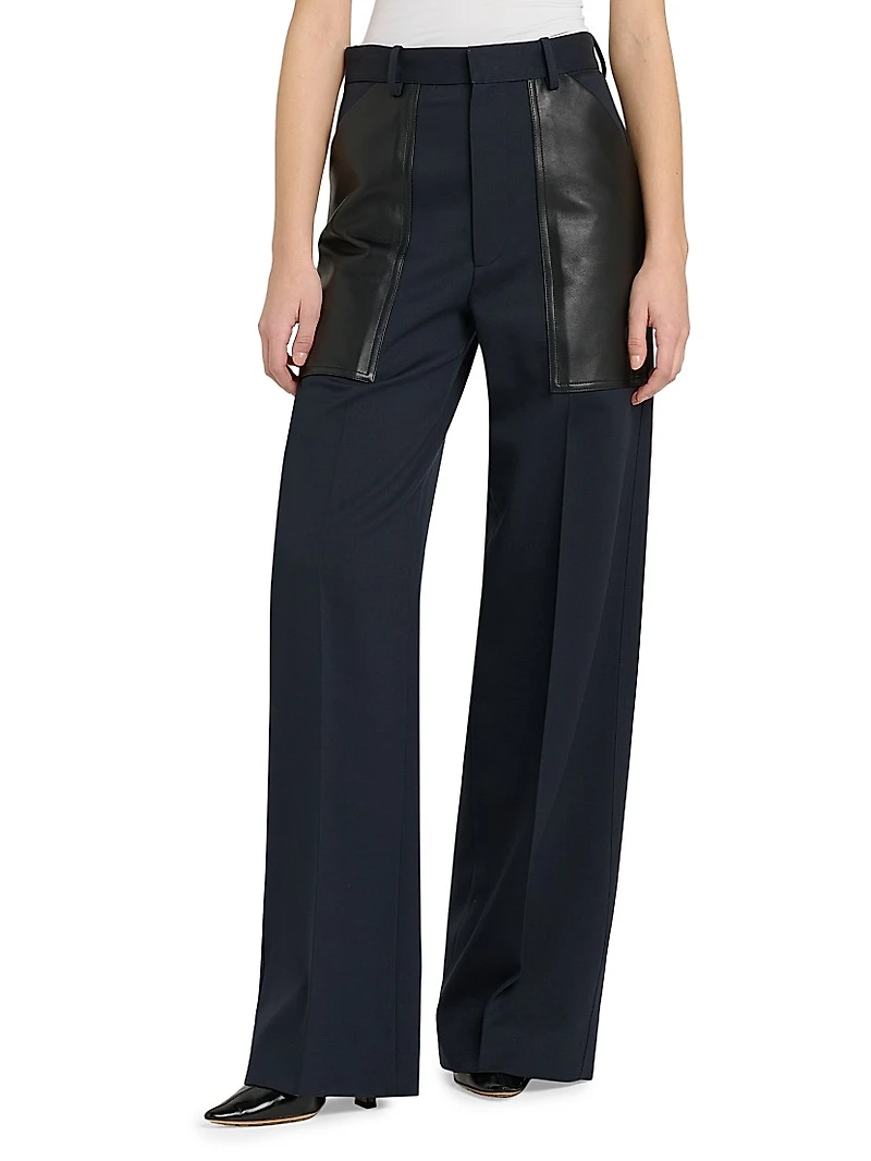 Mixed-Media Cotton & Wool Wide-Leg Trousers