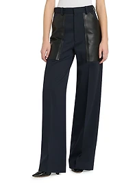 Mixed-Media Cotton & Wool Wide-Leg Trousers