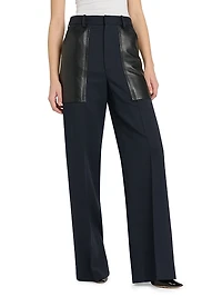Mixed-Media Cotton & Wool Wide-Leg Trousers