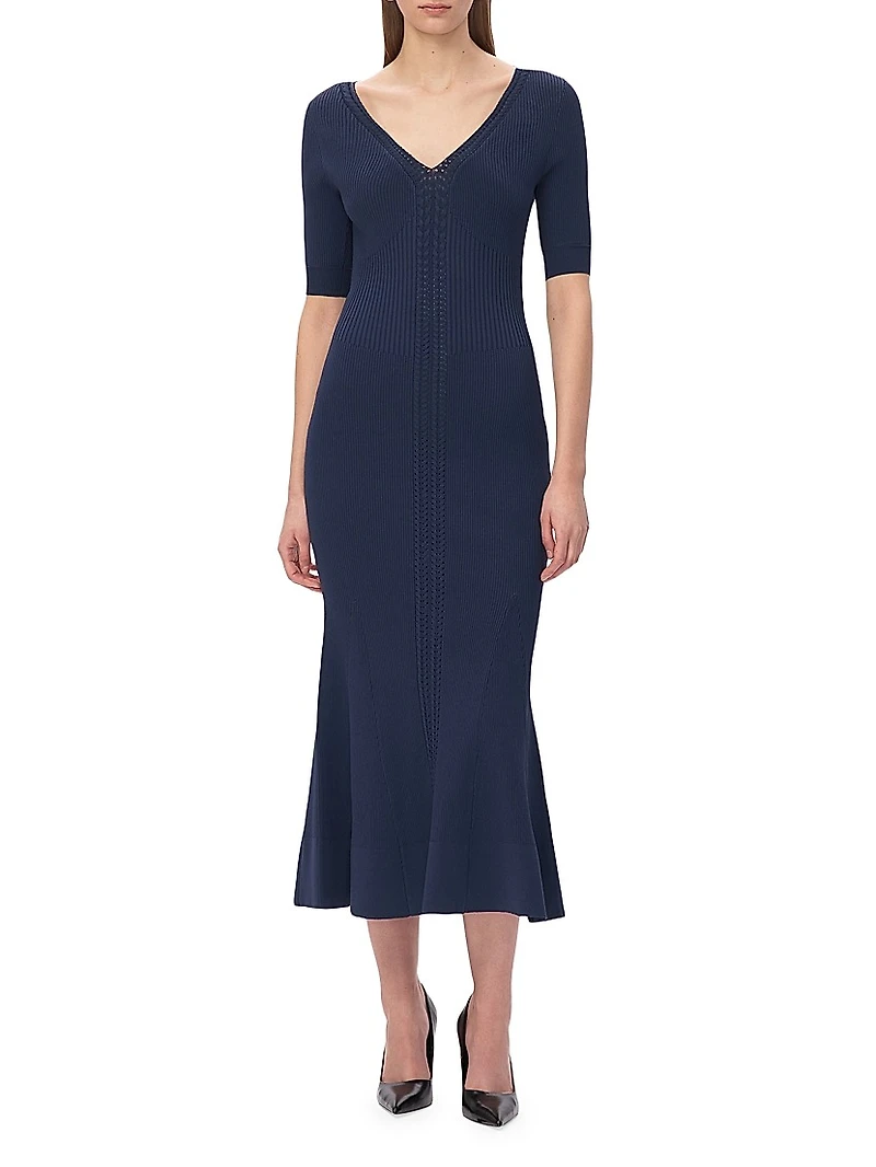 Aria Rib-Knit V-Neck Midi-Dress