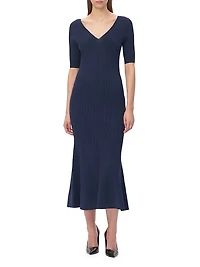 Aria Rib-Knit V-Neck Midi-Dress