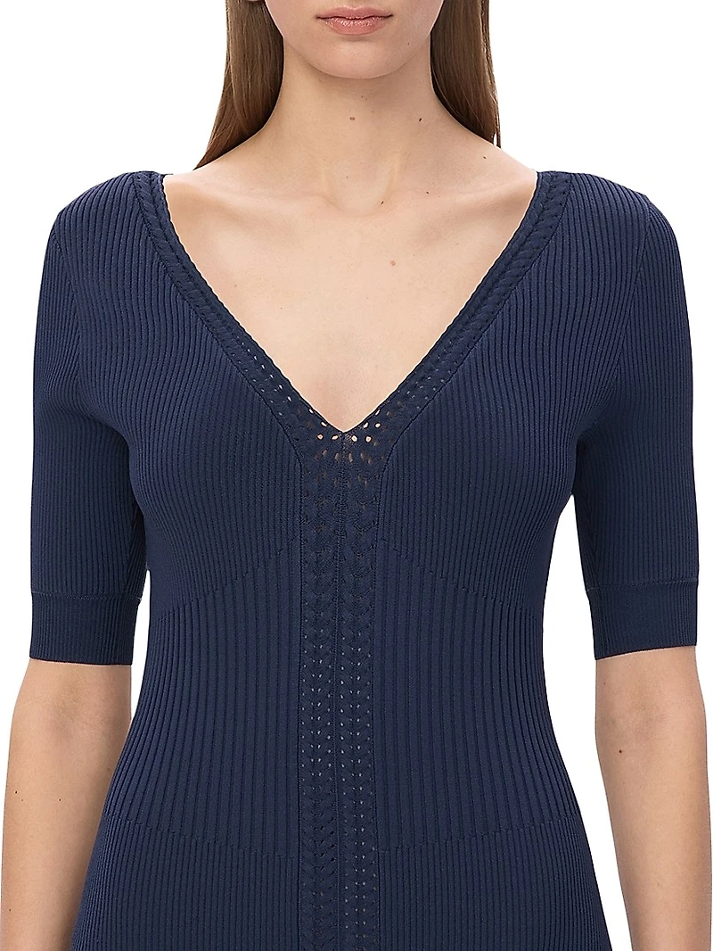Aria Rib-Knit V-Neck Midi-Dress