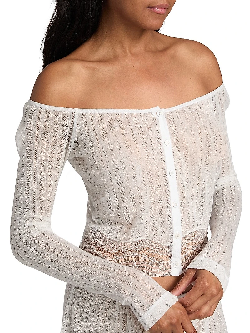 Pointelle-Knit Lace Crop Cardigan