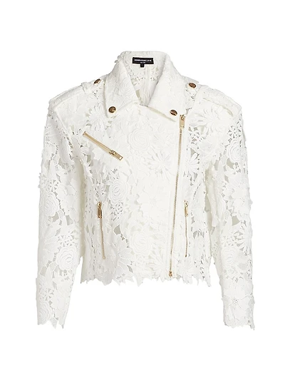 Crawford Floral Guipure Lace Zip-Up Moto Jacket
