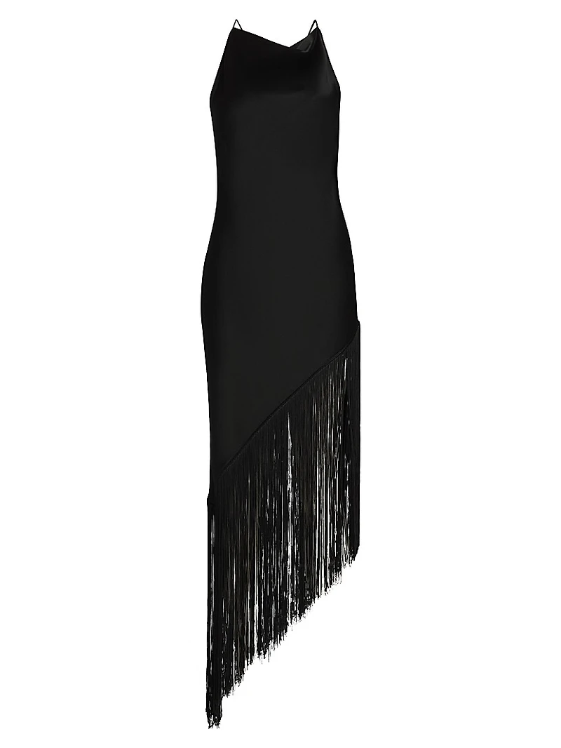 Fringed Satin Cowlneck Midi-Dress