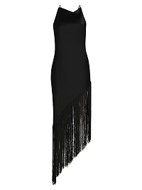 Fringed Satin Cowlneck Midi-Dress