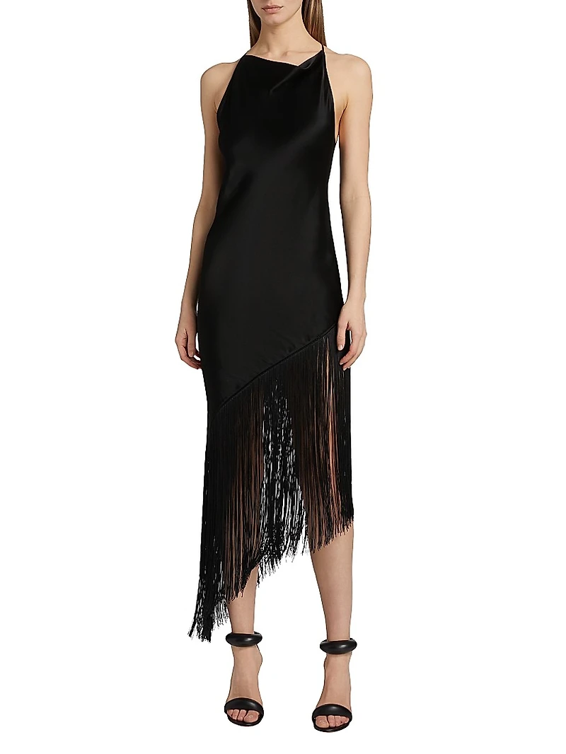 Fringed Satin Cowlneck Midi-Dress