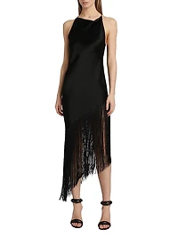 Fringed Satin Cowlneck Midi-Dress