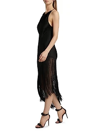 Fringed Satin Cowlneck Midi-Dress