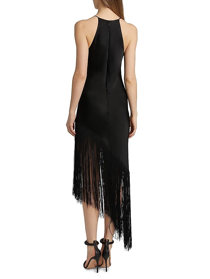 Fringed Satin Cowlneck Midi-Dress