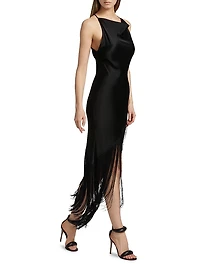 Fringed Satin Cowlneck Midi-Dress