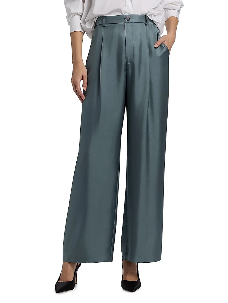 Silk Twill Pleated Wide-Leg Pants