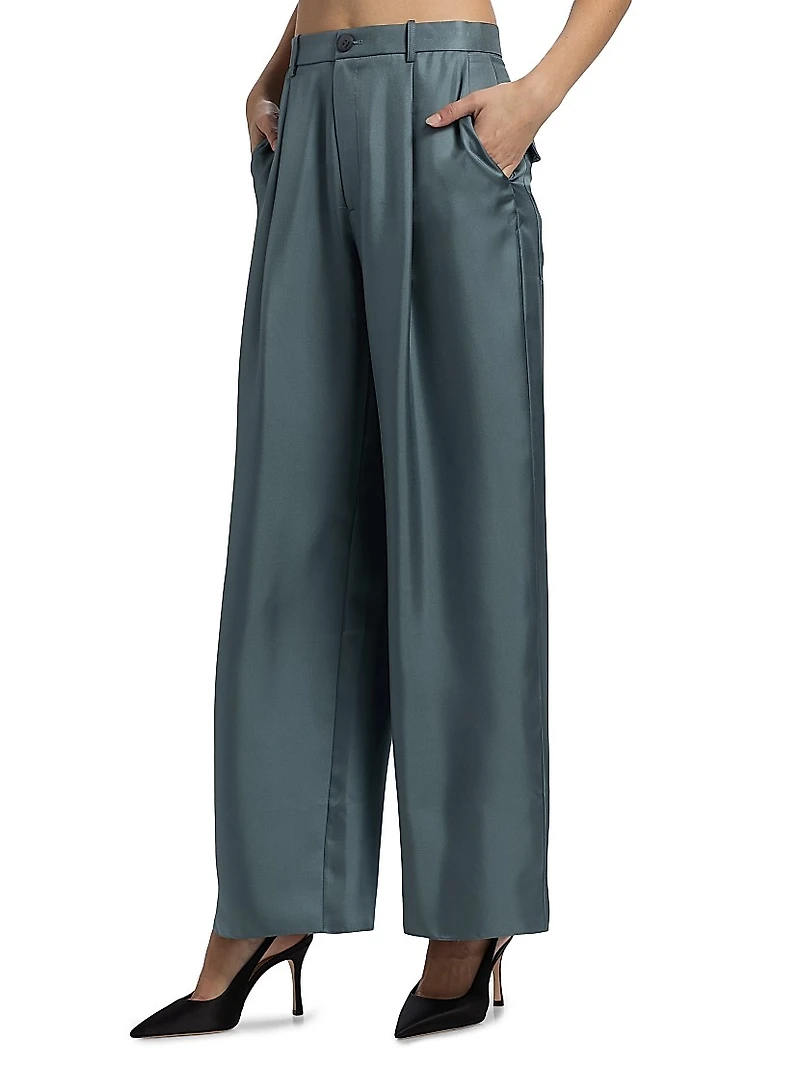 Silk Twill Pleated Wide-Leg Pants