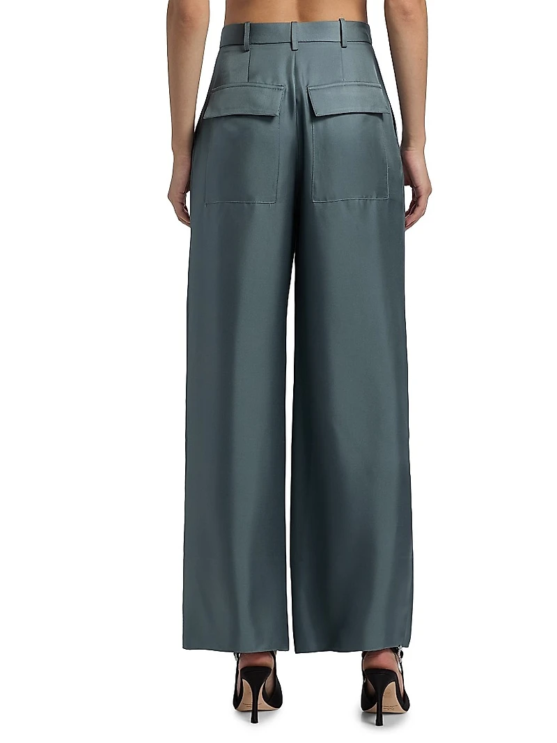 Silk Twill Pleated Wide-Leg Pants