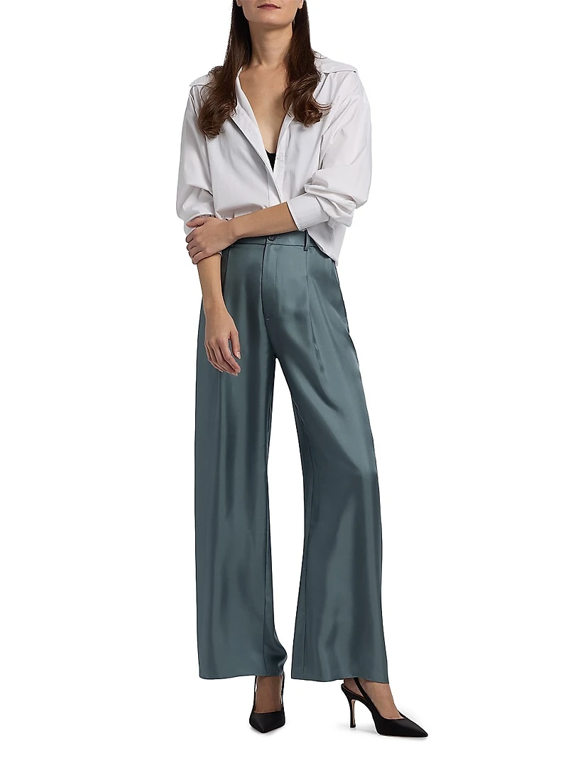 Silk Twill Pleated Wide-Leg Pants