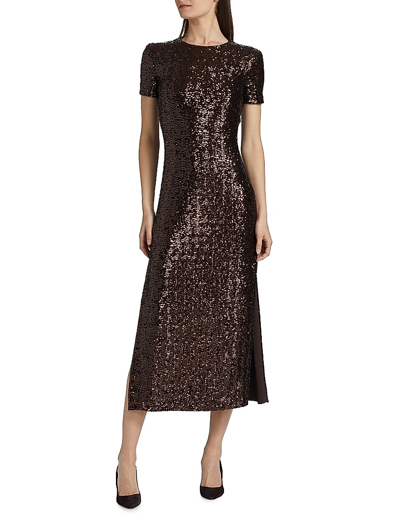 Stretch Sequined Short-Sleeve Midi-Dress
