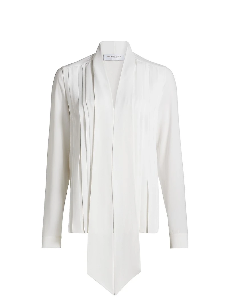 Silk Pleated Tieneck Blouse