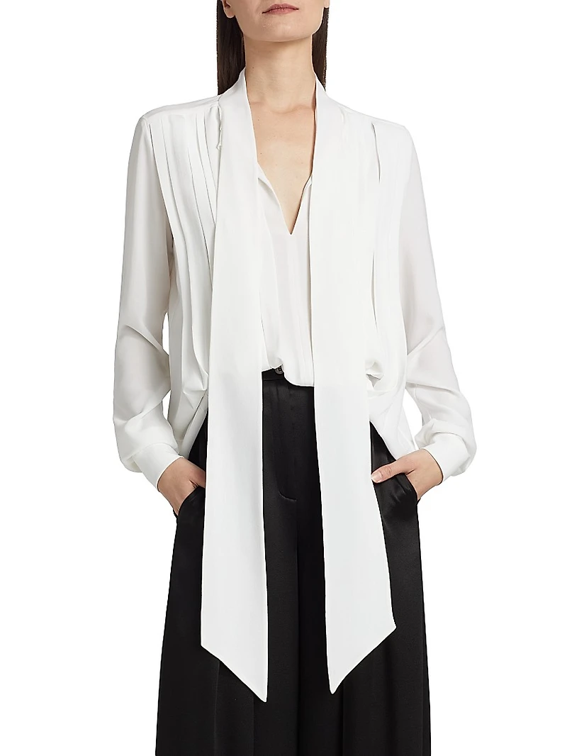 Silk Pleated Tieneck Blouse