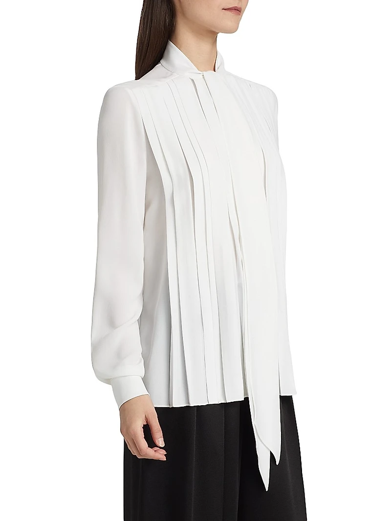 Silk Pleated Tieneck Blouse