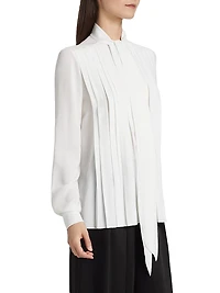 Silk Pleated Tieneck Blouse