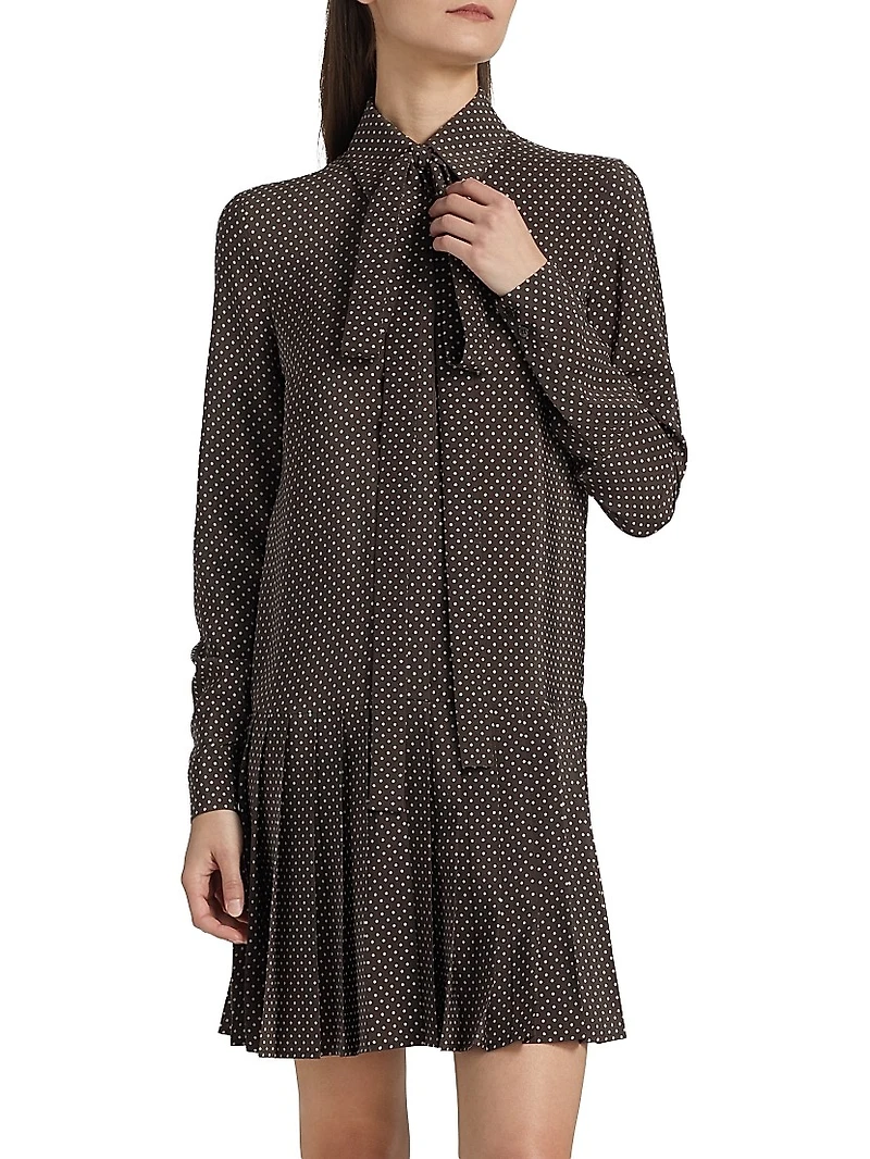 Polka Dot Silk Pleated Tieneck Minidress