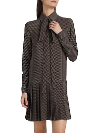 Polka Dot Silk Pleated Tieneck Minidress