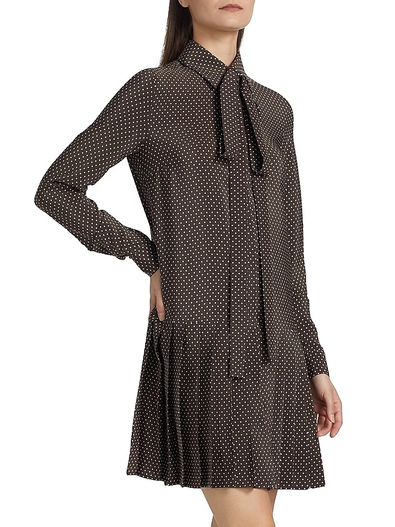 Polka Dot Silk Pleated Tieneck Minidress