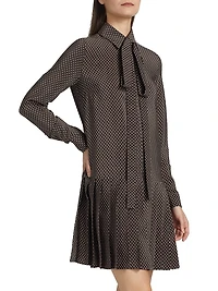 Polka Dot Silk Pleated Tieneck Minidress