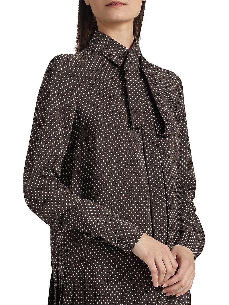 Polka Dot Silk Pleated Tieneck Minidress