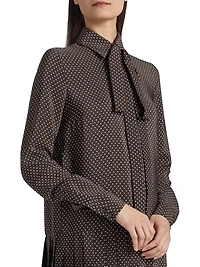 Polka Dot Silk Pleated Tieneck Minidress