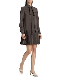 Polka Dot Silk Pleated Tieneck Minidress