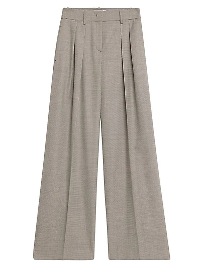 Pleated Houndstooth Wide-Leg Trousers