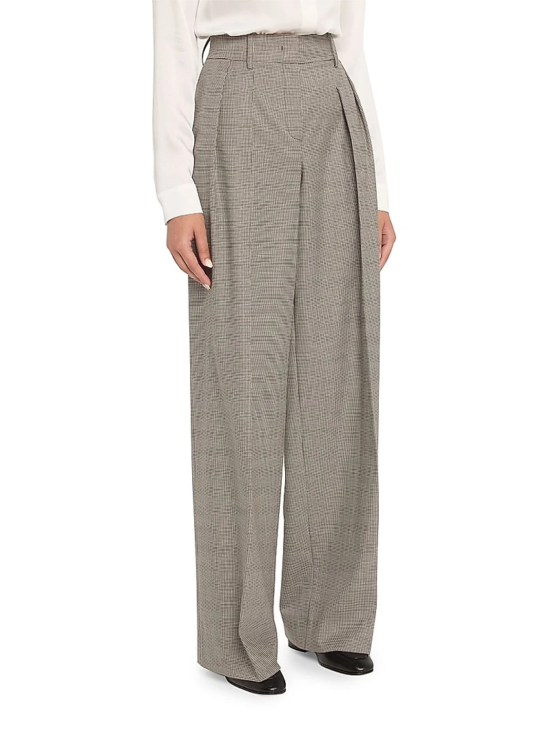 Pleated Houndstooth Wide-Leg Trousers